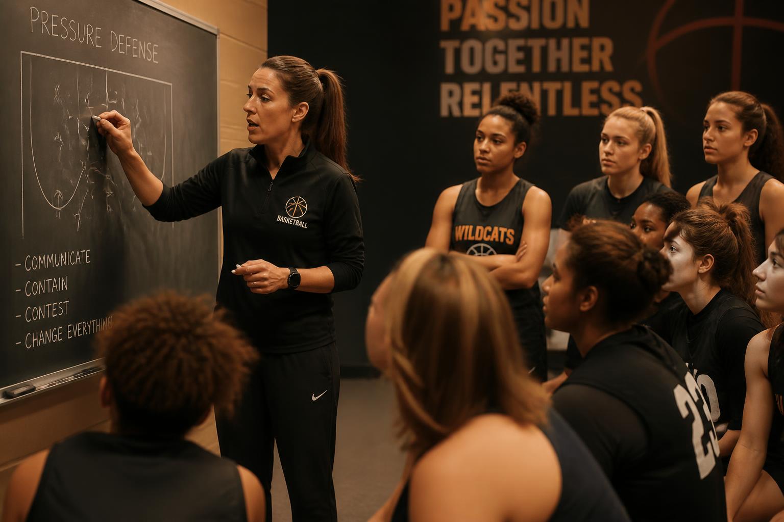 Female coach drawing plays on a chalkboard with female athletes watching